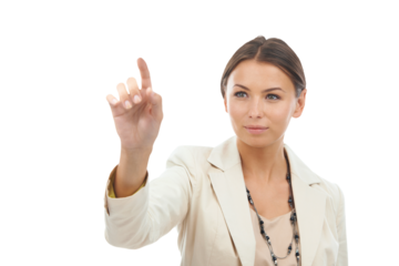 Finger, digital interface and business woman on png, isolated and transparent background for ui. Corporate, professional and female person touch for user experience, cybersecurity and touchscreen