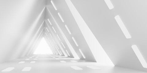 Empty Long Light Corridor. Modern white background. Futuristic Sci-Fi triangle Tunnel. 3D Rendering