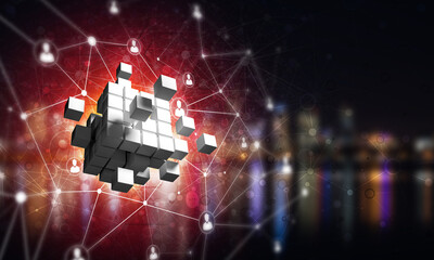 Concept of Internet and networking with digital cube figure on dark background