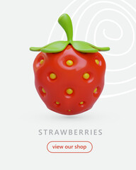 3D strawberry, product name, transition button template. Vertical advertising poster with painted background. Concept for side commercial column, mobile version. Red summer berries in grocery store