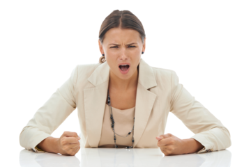 Business, stress and portrait of angry woman screaming at office job on isolated, transparent or png background. Anxiety, frustrated and face of shouting lady person with depression, fail or mistake