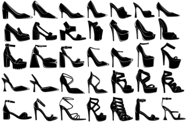 Muurstickers Set collections black high heels glossy silhouette icon. women shoes logo design vector illustration © Javanism