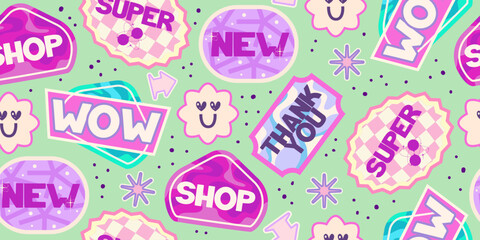 Y2k seamless sticker pattern rertro design. Sticker flower cool design. Trendy y2k positive pattern. Collage purple and pink label on background. Vector illustration