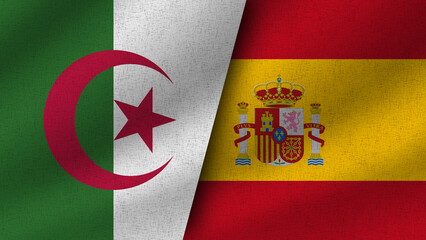 Spain and Algeria Realistic Two Flags Together, 3D Illustration