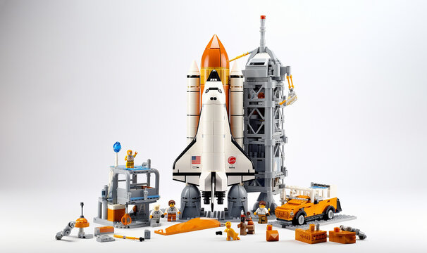 Studio shot of LEGO minifigure astronuats with computer, science equipment, and rover. Nasa Lego