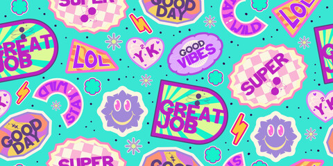 Y2k seamless sticker pattern rertro design. Sticker flower cool design. Trendy y2k positive pattern. Collage purple and pink label on background. Vector illustration