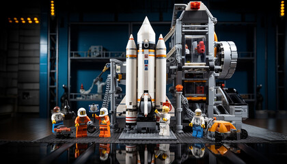 Fototapeta premium Studio shot of LEGO minifigure astronuats with computer, science equipment, and rover. Nasa Lego