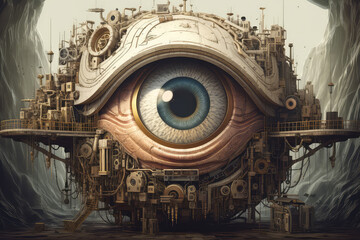 digital painting of eyeball close-up with yellow pupil scanning an eye, illustration painting (ai generated)