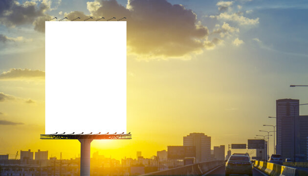 Portrait billboard white blank for outdoor advertising street and urban at sunset