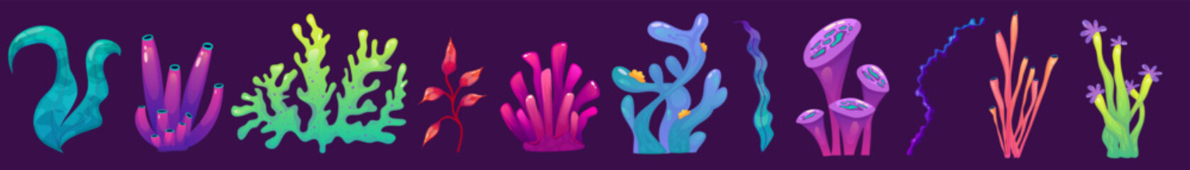 Fototapeta premium Coral reef underwater set with algae. Seaweed ocean plant. Coral set undersea fauna. Cartoon Reef isolated. Cartoon Vector design.