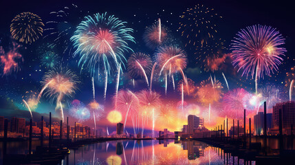 Fototapeta premium Celebration. Skyline with fireworks light up sky over night cityscape. Beautiful night view cityscape. Holidays, celebrating New Year and Tet holiday. (ai generated)