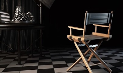 Director's chair and movie clapper with film equipment in background Creating using generative AI tools