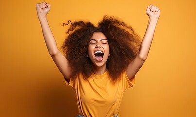 Excited lady shouts yeah while raising her fist in victory Creating using generative AI tools