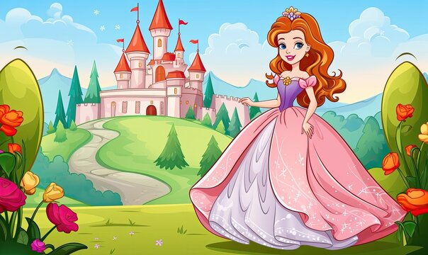 Get creative with coloring the magical cartoon princess and castle's line art.