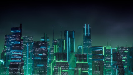 Cyberpunk City Skyline with Green and Blue Neon lights. Night scene with Visionary Superstructures.