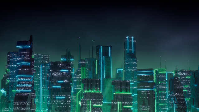 Cyberpunk City Skyline with Green and Blue Neon lights. Night scene with Visionary Superstructures.