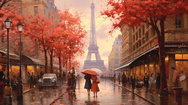 oil painting on canvas, street view of Paris. Artwork. eiffel tower . people under a red umbrella. Tree. France (ai generated)