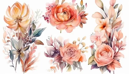 Behang Watercolor floral bouquets, for invitation cards, wedding invitations, fashion backgrounds, DIY textures, greeting cards, wallpaper designs, wedding stationary sets, DIY wrappers © gfx_nazim