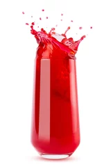 Foto op Plexiglas Cherry fresh red juice in glass with drops and splashind isolated on white background. Vitamin organic summer drink with splashes, drops and motion liquor in glass. © finepoints