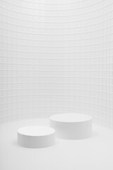 Elegant white abstract stage mockup as curved alcove - two cylinder podiums, mosaic tile, simple minimal beauty style, template for presentation cosmetic products, spa, advertising, showing, vertical.