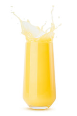 Yellow orange cold juice in glass bright splashes, drops flying, swirl isolated on white background. Refreshing healthy summer citrus beverage with splashing.