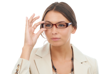 Vision, glasses and business woman with eyesight, optometry and isolated in a transparent or png background. Smart, intelligent and female person or employee thinking with spectacles or eyewear