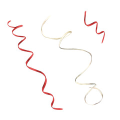 Set of silk or paper ribbons in red and white. Hand-drawn watercolor illustration isolated on white background. Ribbon gift wrapping, spiral tape for icon or logo. Drawing for designs and greetings