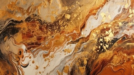Abstrakter , dekorativer Hintergrund, beige-braun-goldene Alkoholtintenfarbe, reich verziert mit Goldfolie und Goldstaub, Generative AI