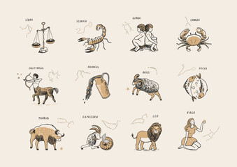 Zodiac signs vector illustrations set.