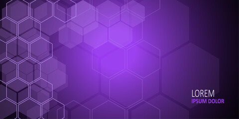 Geometric themed screen illustration design, hexagonal design. Dark purple background with hexagons. Futuristic technology. Vector illustration.