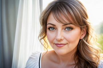 Naklejka premium Portrait of a beautiful woman near window in a bedroom, face close-up. Generative AI.