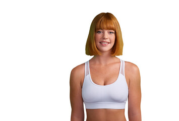 Sports, fitness and smile with portrait of woman on png for training, health and workout. Exercise, wellness and gym with face of female athlete isolated on transparent background for performance