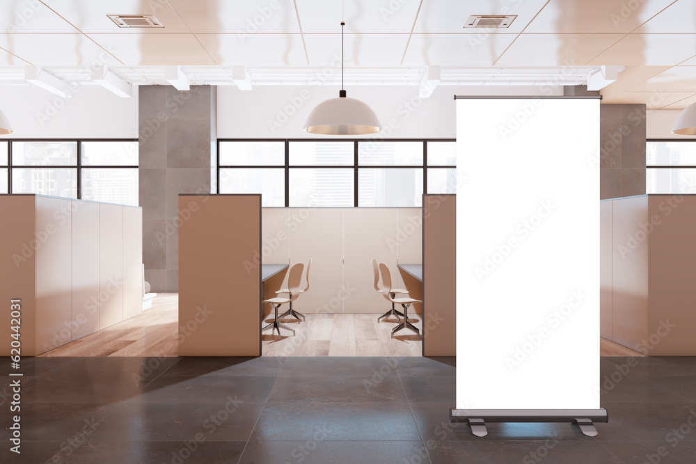 Poster modern coworking office interior with empty white roll-up banner and mock up place, partitions and f