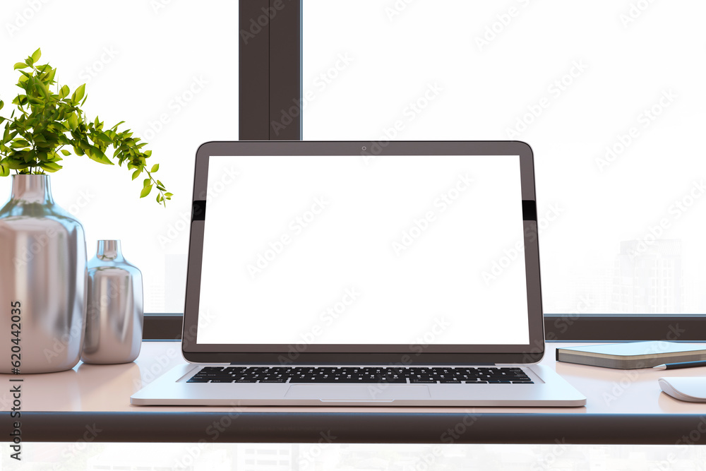 Poster Close up of modern designer office desktop with white mock up computer display, decorative vase with plant, other objects and window with city view in the background. 3D Rendering.