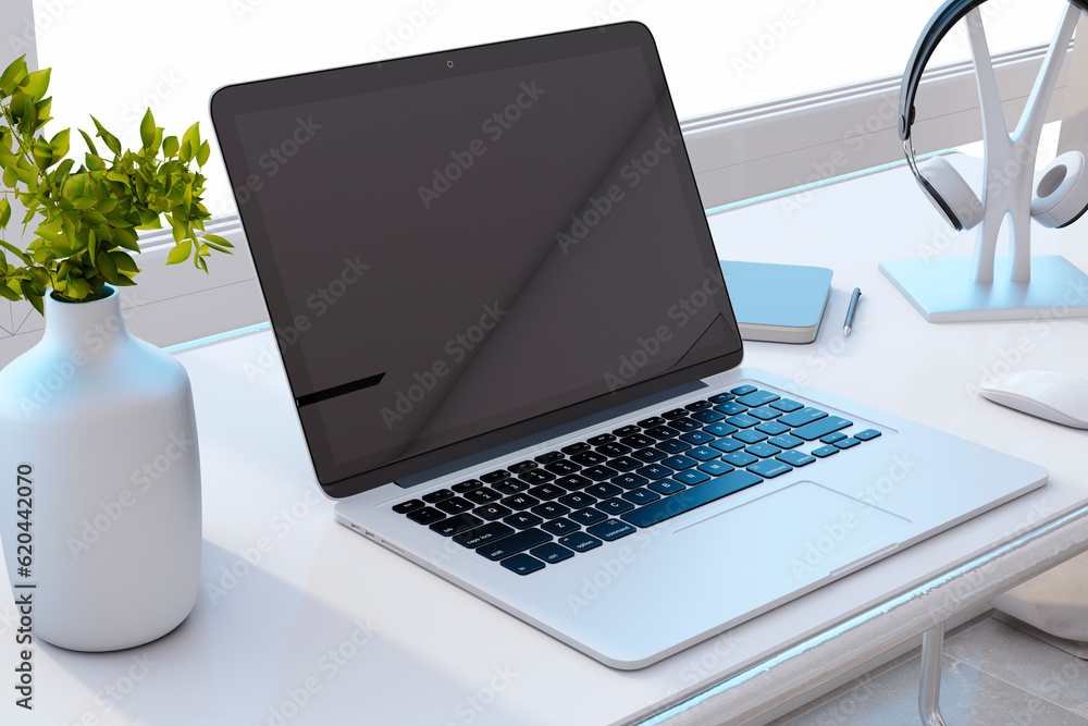 Poster Close up of new designer office desktop with black mock up computer monitor, reflections, decorative vase with plant, other objects and window with city view in the background. 3D Rendering.