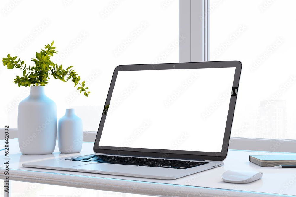 Poster Close up of clean designer office desktop with white mock up computer screen, decorative vase with plant, other objects and window with city view in the background. 3D Rendering.