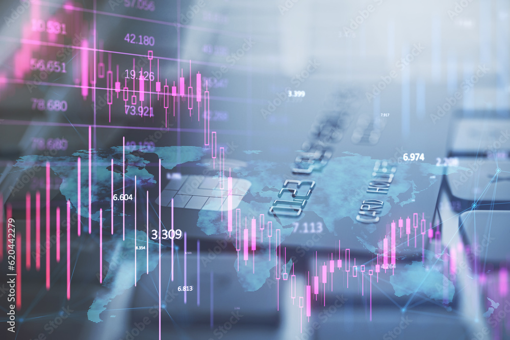 Poster close up of computer keyboard and bank card with downward purple forex chart on dark background. cri