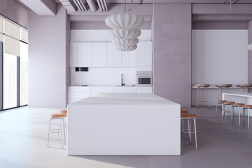 Clean concrete meeting room interior with window and city view, kitchen, decorative plants and long white table with chairs. 3D Rendering.