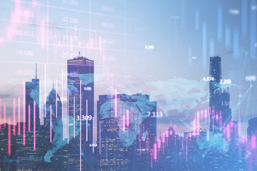 Abstract downward purple forex chart on blurry city texture. Crisis and recession concept. Double exposure.