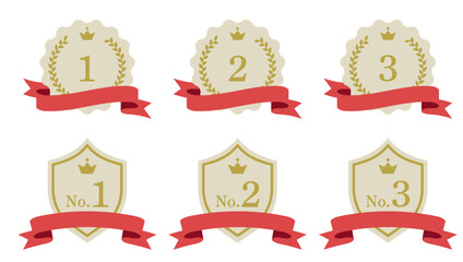 赤いリボンのランキング素材　金色のメダルと盾