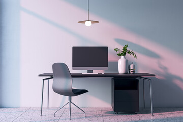 Modern home office interior with computer, furniture and other items. Concrete wall with shadows in the background. 3D Rendering.