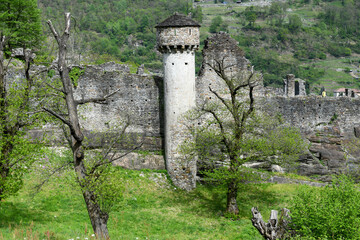 View at the ruins of the Serravalle castle on Blenio valley in Switzerland