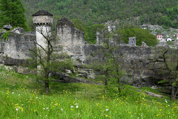 View at the ruins of the Serravalle castle on Blenio valley in Switzerland