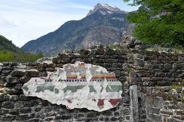 View at the ruins of the Serravalle castle on Blenio valley in Switzerland