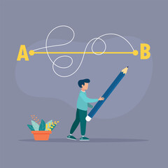 Man with a pencil in his hand leads a drawing line from point A to point B, a straight and difficult path, the shortest distance to the goal, an easy or short path to business success.