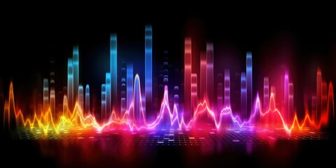 Visualization of sound waves. Abstract futuristic background with colorful glowing neon moving high speed wave lines and bokeh lights. Data transfer concept. Fantastic wallpaper. Generative AI