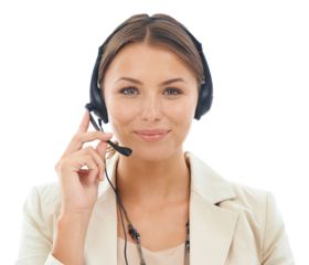 Call center, portrait and woman with headset with mic, CRM and communication with telecom on transparent png background. Help desk, telemarketing and customer service, female agent and contact us