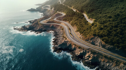 Aerial picture of a curvy road next to the ocean. Generative AI - obrazy, fototapety, plakaty
