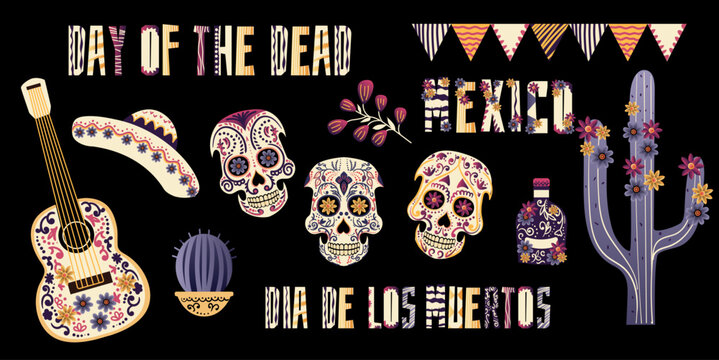 Day of the Dead collection with design elements. The illustration can be used for decorating Day of the Dead-themed events, such as festivals, parties, clothing items, such as t-shirts, scarves