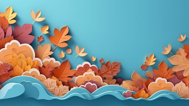 Autumn leaves wavy border in paper cut style. 